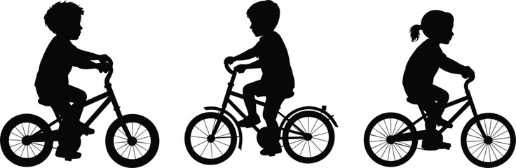 Naklejka premium Kids riding bicycle silhouette vector set, children cycling activity isolated on white background for lifestyle design