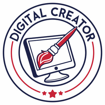 Digital creator logo with computer monitor and brush with digital art