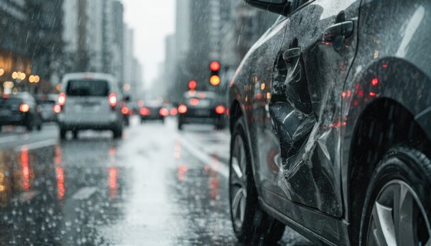 Closeup medium frame of dented door on a vehicle in an urban street setting surrounded by softly blurred cityscape reflecting collision aftermath in traffic.