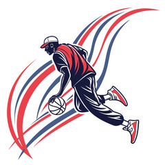 Basketball player dribbling with red, white, and blue streaks © Sharmin