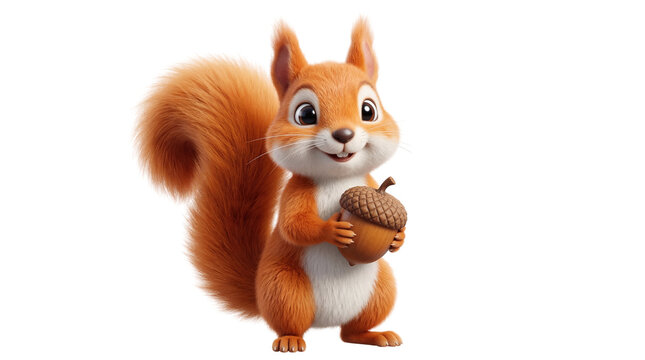 Cute cartoon squirrel, holding acorn, orange and white fur, 3D illustration, forest animal character isolated PNG with Transparent Background