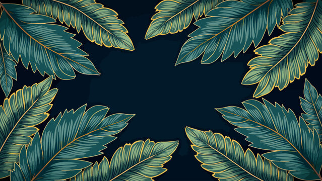 Luxurious dark seamless pattern featuring beautiful tropical green leaves adorned with delicate gold outlines for elegant vintage wallpapers and premium textile design.