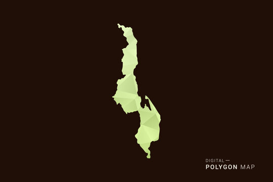 Malawi Map - Low poly polygon map in soft light green gradient on dark brown background, modern minimal geometric style, clean abstract vector illustration design.