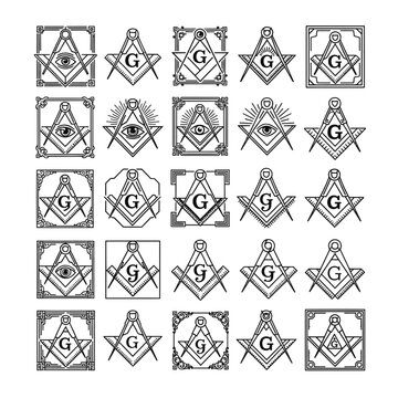 Masonic Collection of Diverse Square and Compass Symbols with All Seeing Eye and Letter G Variations