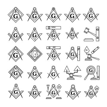Masonic Square and Compass G Letter Symbols Collection of Freemasonry Emblems Line Art