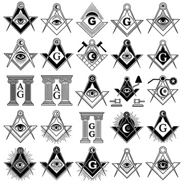 Masonic Symbols Collection Featuring Square Compasses Eye of Providence Letter G Pillars and Celestial Elements