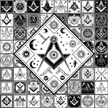 Masonic Symbols Collection Black White Illustration Featuring Square and Compasses Icons