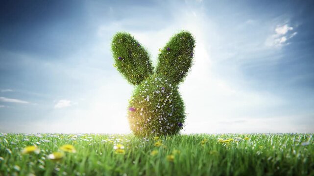 Easter bunny shaped topiary growing in a green meadow with wildflowers, representing spring