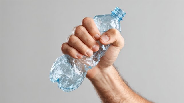 Close up view of a hand crushing a single use plastic bottle with a strong message on plastic waste and environmental impact