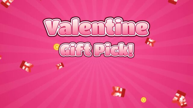 Valentine Gift Pick Animation with Falling Presents and Gold Coins on Pink Radial Sunburst Background for Marketing and Sales Promotion