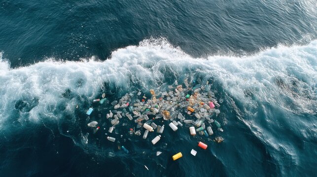Drone view of dark ocean water with plastic bottles and debris floating above in a polluted patch of ocean