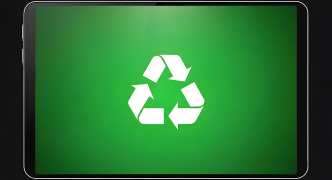 White recycling symbol on green digital tablet screen isolated on dark background, eco-friendly electronics and e-waste management concept, sustainable technology and circular economy 3D render