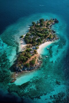 Aerial view of secluded island in crystal blue waters