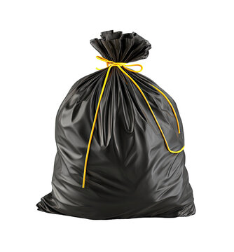 Black plastic garbage bag with yellow drawstring