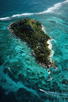 Turquoise waters swirl around a lush, secluded island