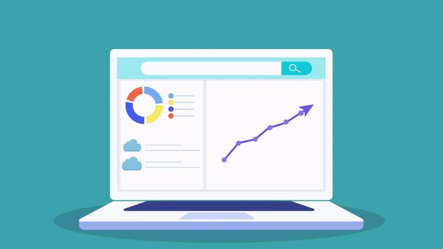 Flat animation of a laptop dashboard with pie chart, user icons, and rising line graph, representing data analytics, audience growth, and business performance tracking.