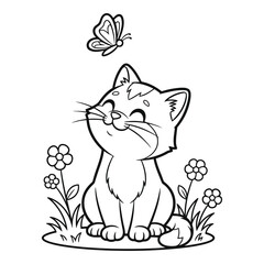 Obraz premium Vactor file on a cute cartoon cat sitting in a field of flowers looking up at a butterfly. Coloring book Design