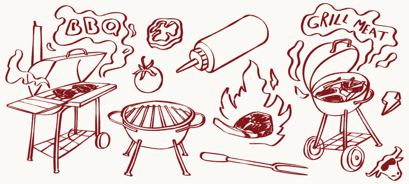 Sketchy barbecue illustration collection with meat, sauces, and grilling equipment. Ideal for backyard cookout flyers, culinary blog graphics, and rustic kitchen decor designs.