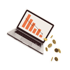 Tech stock market crash and online business failure concept. Tilted laptop with falling chart and spilling coins. Retro halftone collage vector illustration for digital economy and crypto crisis.