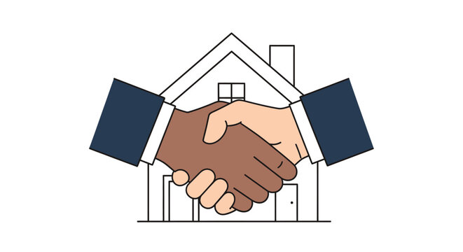 Multicultural Handshake for Real Estate Deal and Property Ownership Agreement in Front of House Icon