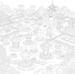 Fototapeta premium Intricate illustration of a traditional Asian garden with lanterns
