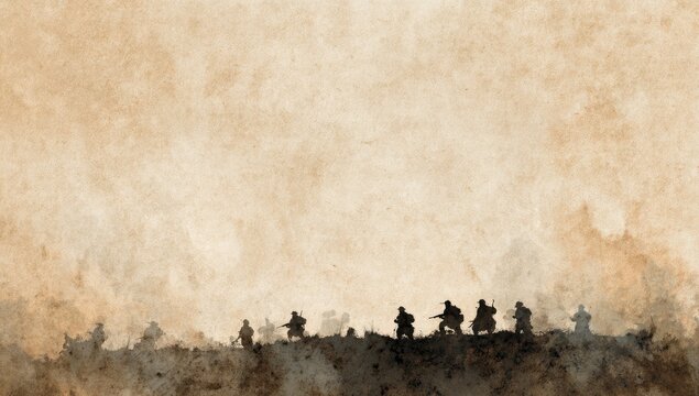 Silhouetted figures advance across a textured, sepia-toned battlefield, evoking historical conflict