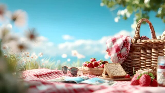Spring Summer outdoor leisure relaxation activity. A vivid outdoor scene depicts a picnic. A wicker picnic basket with a red and white checkered cloth is the main subject.