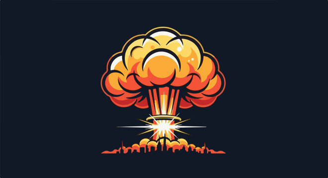 Stylized explosion mushroom cloud over city silhouette