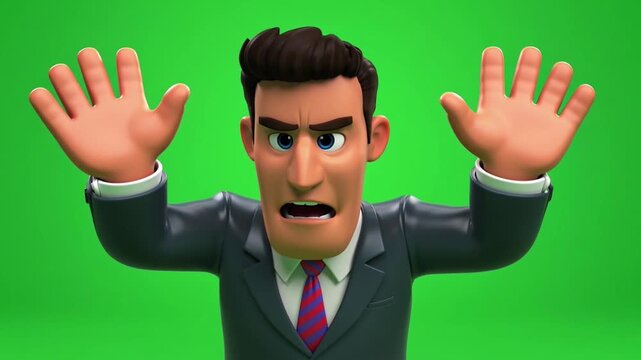 Expressive 3D cartoon businessman character raising both hands in a defensive or surprised gesture, showcasing intense frustration or astonishment