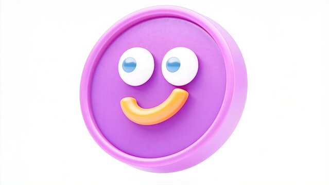 Purple 3D smiley face with big blue eyes and orange smile on white background cute cartoon emotion icon for happy mood positive feedback social media reaction or playful design con