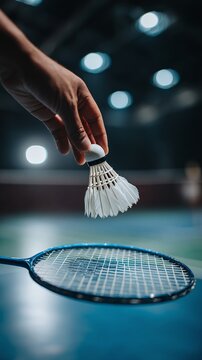 Badminton player holding shuttlecock and racket.