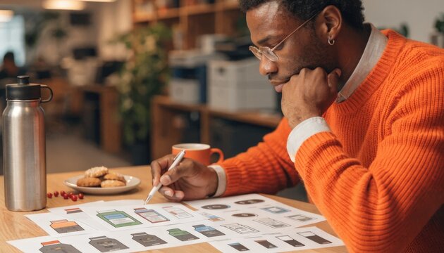 Close medium shot of an investor reviewing packaging concepts for consumer goods on printed materials the rest of the shared workspace environment softly out of focus.