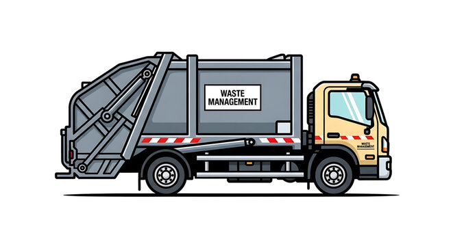 A waste management truck is depicted in a simple, modern vector graphic design.