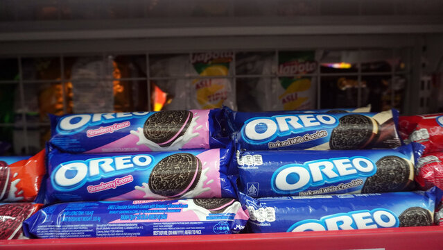 Purwokerto, Indonesia - 17 March 2026: Multiple Oreo cookie packs displayed on retail store shelf.