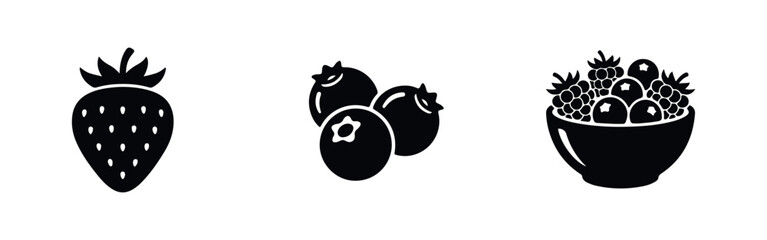 Set of black silhouette icons featuring a strawberry, blueberries, and a bowl of mixed forest fruits. Minimalist flat vector design on white. © Lili