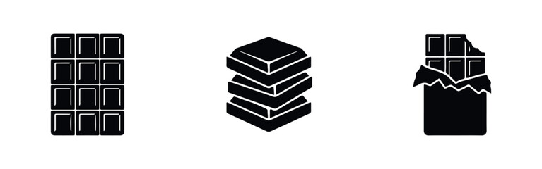 Black icons of chocolate bars and pieces, including a full bar, a stack of squares, and a bitten bar in a wrapper. Minimalist food silhouettes. © Lili