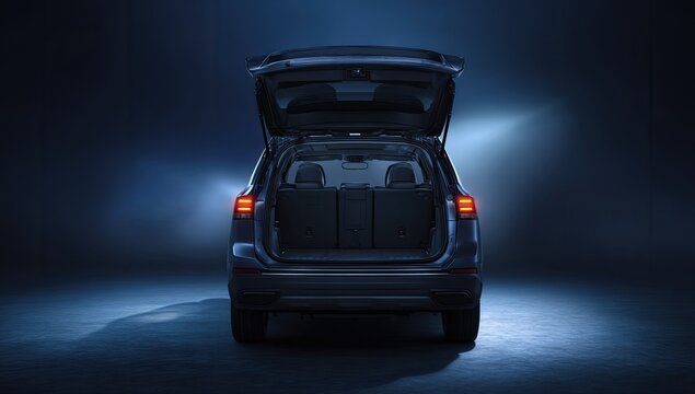 Rear view of an open-trunk SUV illuminated against a dark, moody backdrop