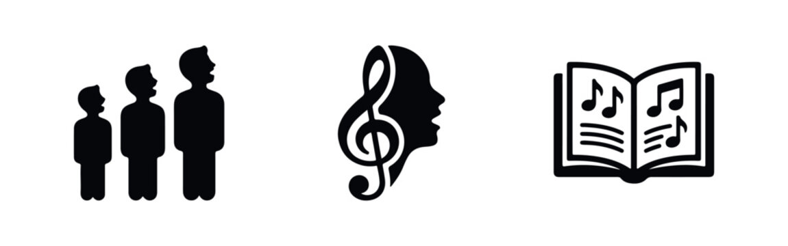 Set of minimalist black icons depicting a singing choir, a vocal profile with a treble clef, and an open songbook with musical notes.