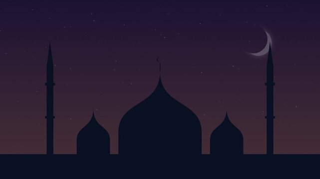 Islamic Mosque Silhouette Animation with Crescent Moon and Starry Night Sky for Ramadan and Eid Mubarak