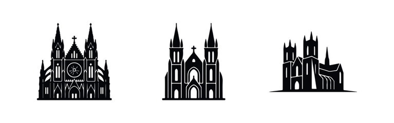 Obraz premium Set of minimalist black cathedral and church silhouettes. Elegant gothic architecture icons featuring spires and crosses on a white background.