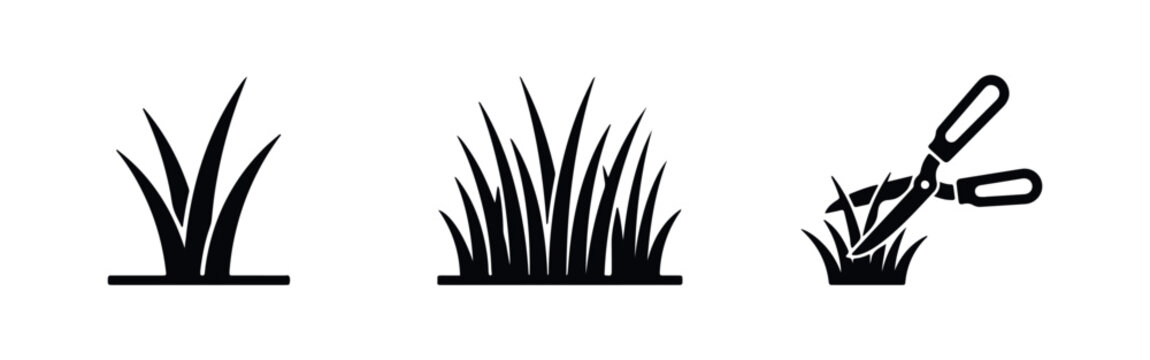 Set of black grass and garden shear icons on a white background, perfect for gardening, lawn care, landscaping, and maintenance projects.