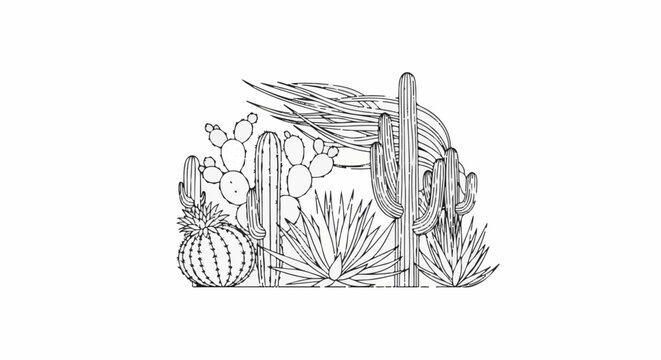 Stylized desert scene with various cacti and agaves in a graphic line art style