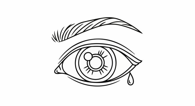 Stylized black and white illustration of a crying eye with a single tear