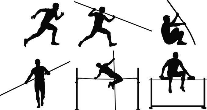 Athletic track and field silhouettes collection featuring pole vaulting, sprinting, javelin throwing, and hurdles for competitive sports vector graphic design,