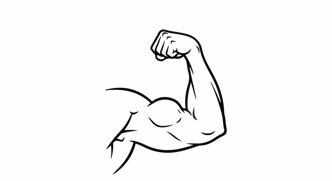 Stylized black and white illustration of a flexed bicep, showing strong muscles