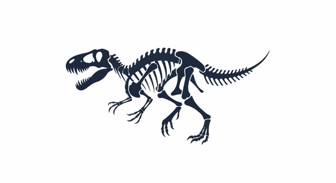Silhouette of a dark dinosaur skeleton with an open mouth, on white