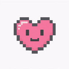 Obraz premium Cute pixel art pink heart with a happy smiling face on a light background, representing love and retro gaming aesthetics.