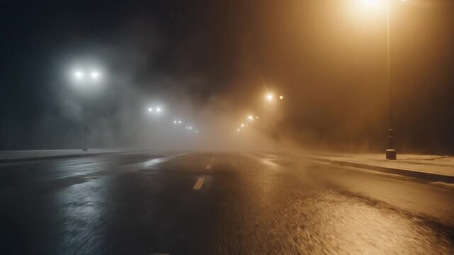 Dim, rain-washed street at night; fog veils distant lights orange glare on slick asphalt eerie neon