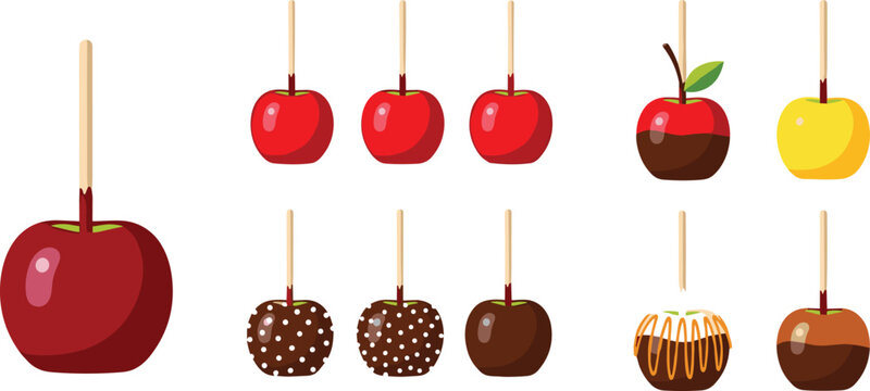 Candy apple collection with chocolate, caramel and sprinkled coatings, sweet fruit treats on sticks for autumn fair and Halloween vector illustration