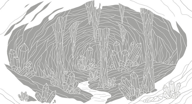 Mystical crystal cave interior with flowing stream line art illustration